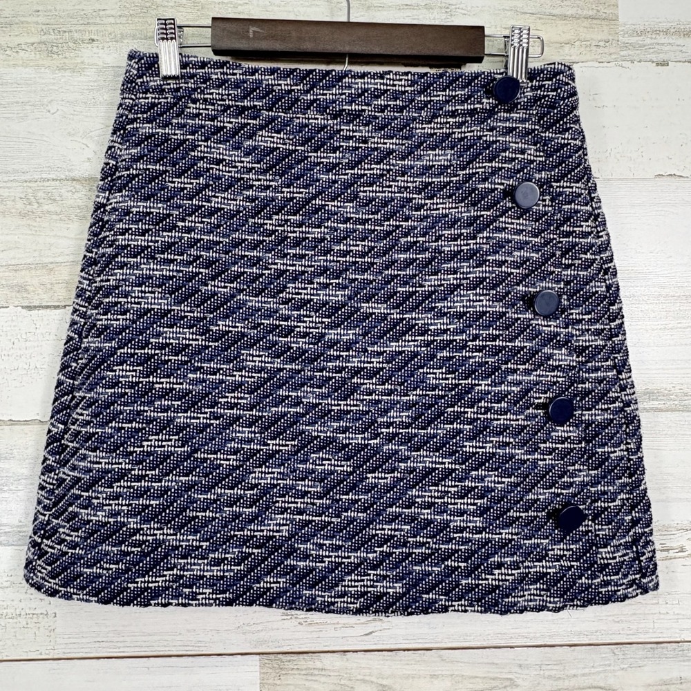 LOFT Navy Blue White Tweed Textured A-Line Mini Skirt Button Detail Size‎ 8